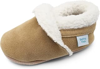 Dotty Fish Suede Baby & Kids Slippers - Barefoot, Fleece Lined, Non-Slip | Soft suede, Fleece lined, Barefoot, Soft soles, Elasticated ankles