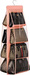 Lirex Handbag Hanging Organizer (8 Pocket) for Closet Storage, Oxford Cloth Purse Hanger for Family Bedroom, Foldable Universal Fit, Light Pink