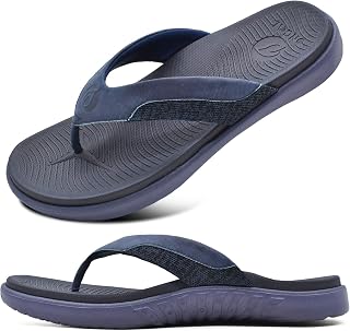 ONCAI Flip Flops Men Leather Sandals Arch Support Sport Slides Foam Sole Yoga Slippers EU 40-49