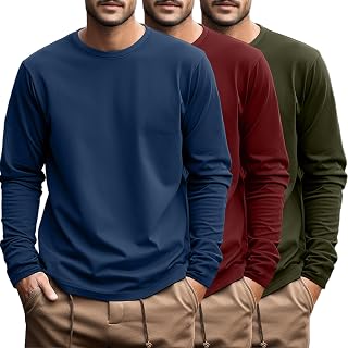 Ficerd 3 Pack Men's Plus Size T Shirts, Cotton Long Sleeve T-Shirts, Round Neck and Oversized Tops