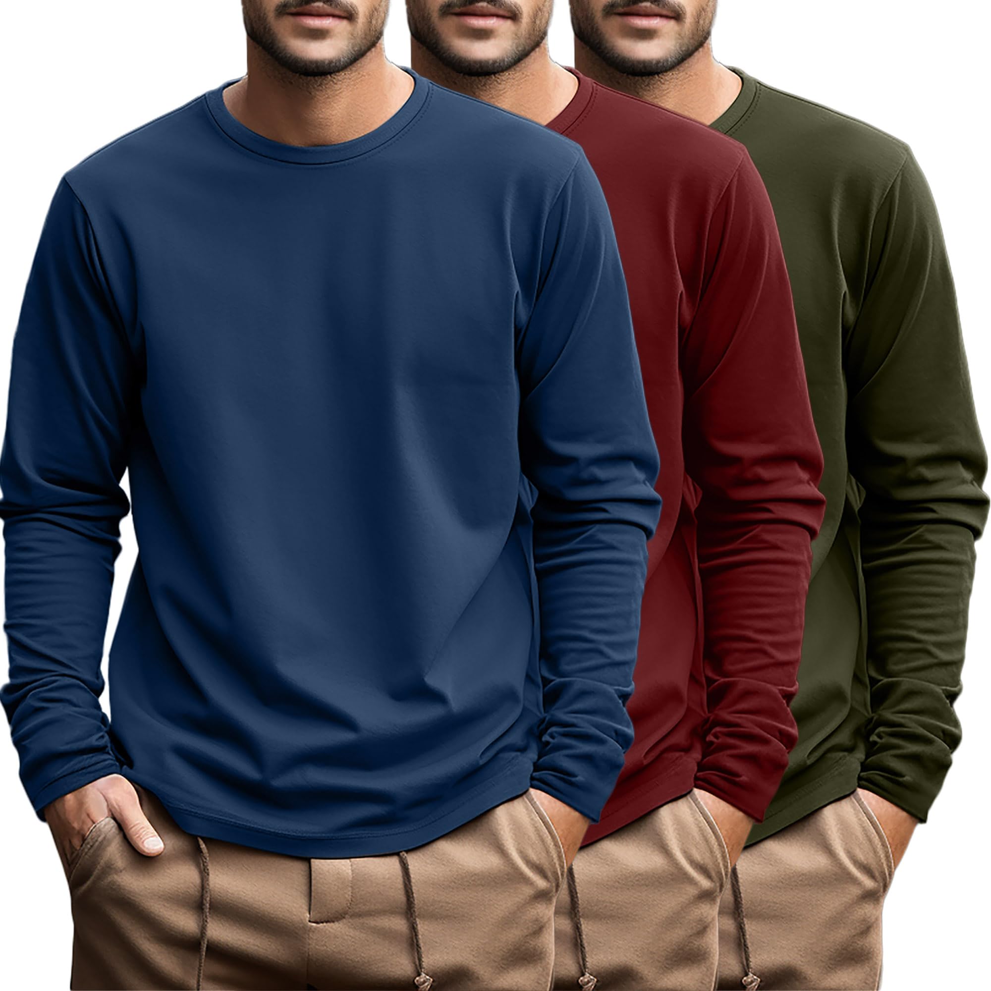 Ficerd 3 Pack Men's Plus Size T Shirts, Cotton Long Sleeve T-Shirts, Round Neck 