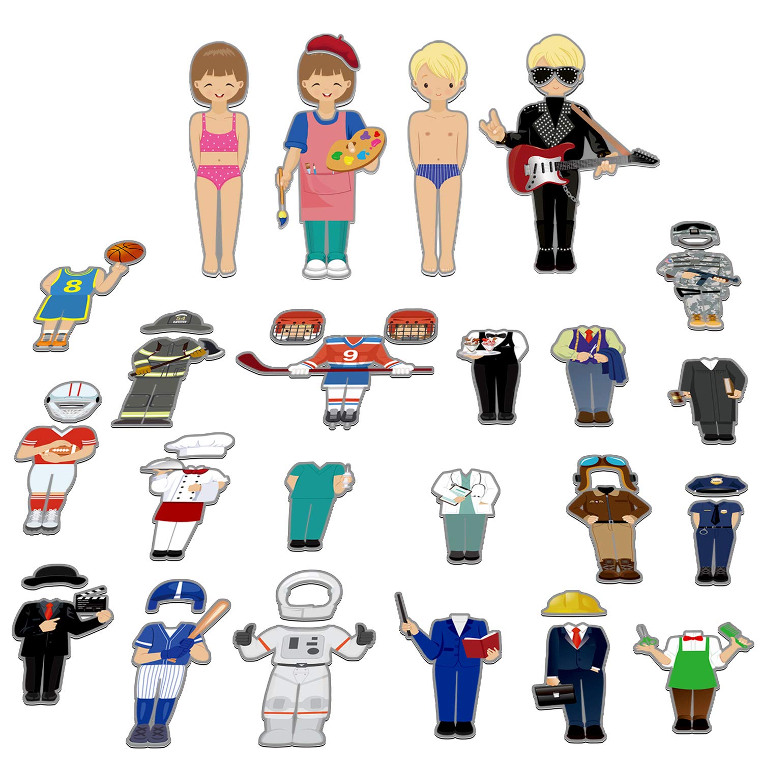56 PCS Magnetic Dress-up Pretend Play Doll Set with 21 Occupations Jobs, Perfect