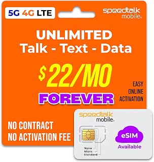 SpeedTalk Mobile Pre-Paid eSIM and SIM Card Starter Kit – No Contract Wireless $22mo Talk Text Data Unlimited Plans - Cellphone 5G 4G LTE Apple iPhone, Android Smart Phones