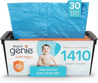 Diaper Genie Easy Roll Refill, 30 Bags, Holds up to 1,410 Newborn Diapers | Easy tear-off bags on a roll with Max Odor Lock Technology help lock in odors for quick, mess-free diaper disposal.