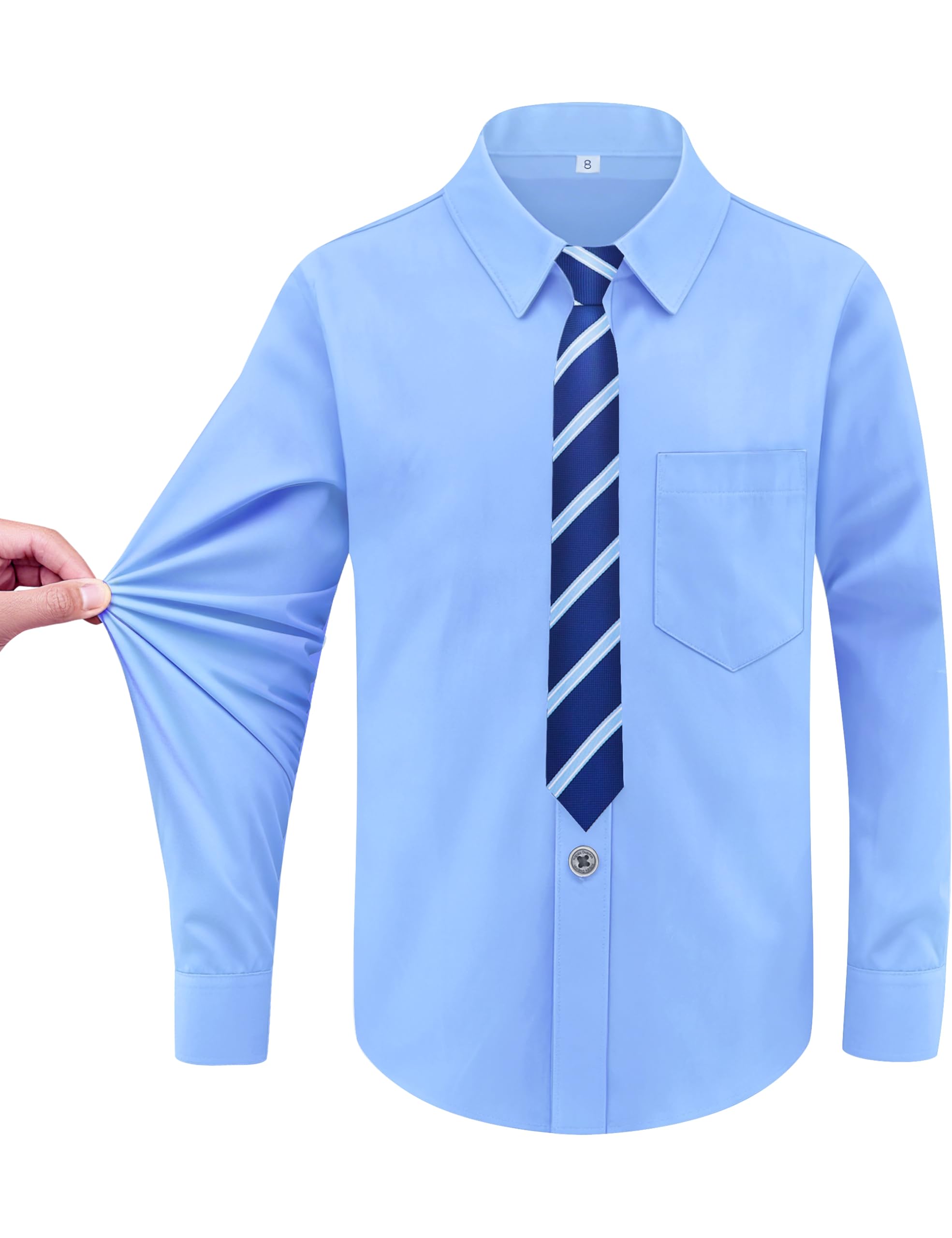 Boys Long Sleeve Button-Down Dress Shirts with Tie: 2 Fabrics (Stretch/Standard)