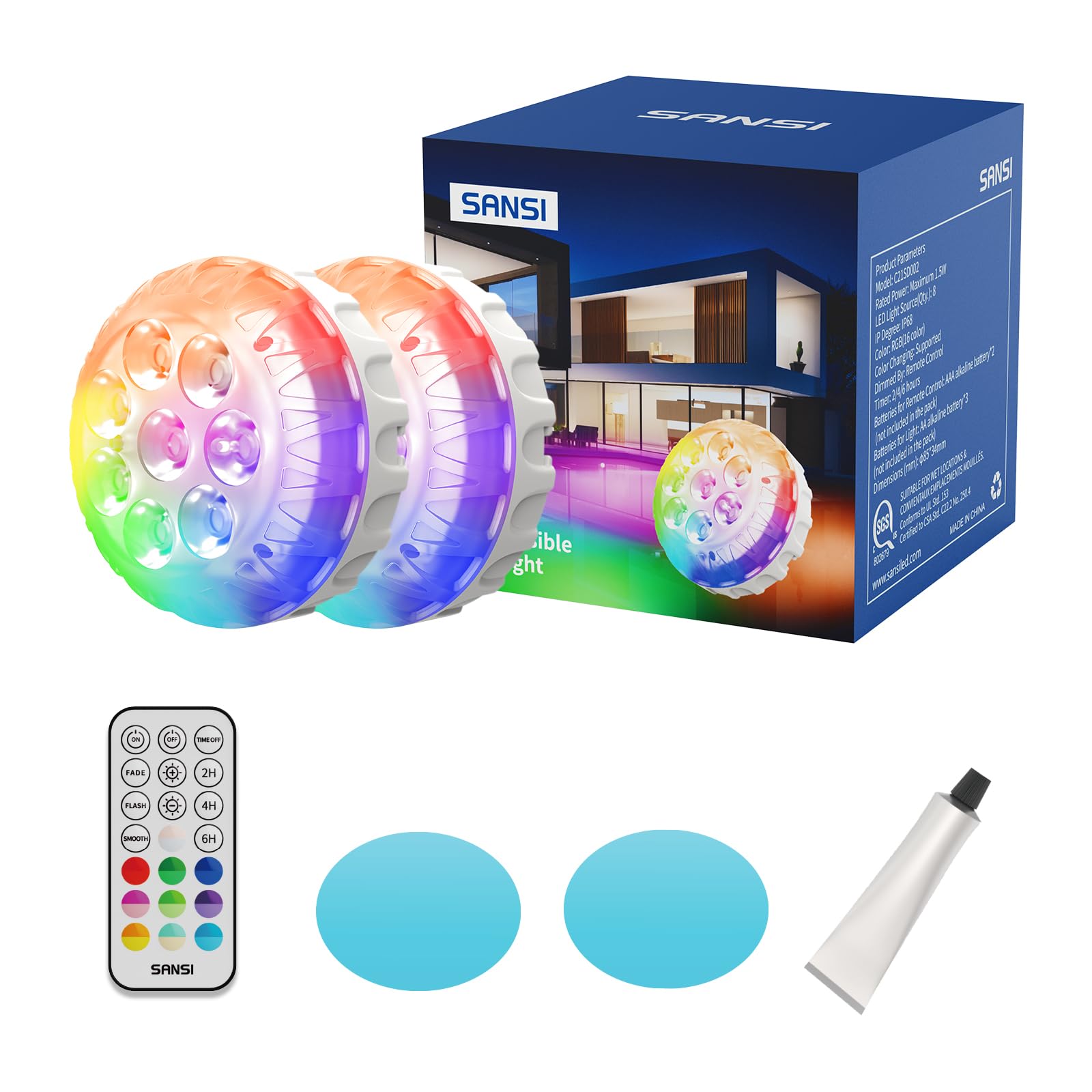 SANSI LED Submersible Pool Lights, RGB Color Changing, Remote, 2-Pack | 20 Color