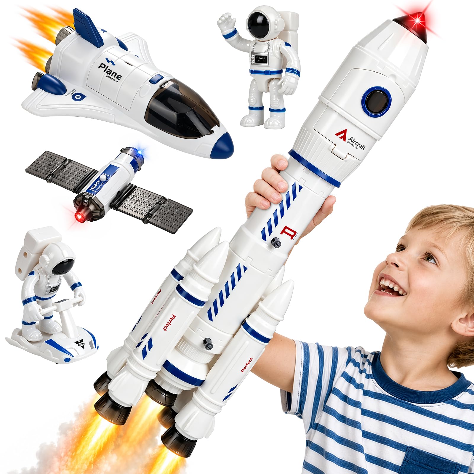 Space Rocket Ship Toys Set for Kids 3-5 5-7 with Spray, Lights, Sound | Astronau