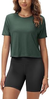 ODODOS Women's Performance Cropped Tee Ultra Soft odSTRATUM Tech Short Sleeve Relaxed Top Crew Neck T-Shirts