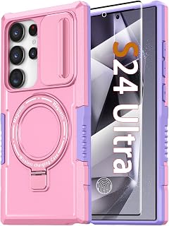 Magnetic Case for Samsung Galaxy S24 Ultra, with Ring Stand [Screen Protector] [Compatible with MagSafe] Military Grade Shockproof Case with Camera Cover, Protective Cover for Samsung S24 Ultra, Pink