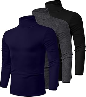 Ficerd Pack of 3 Men's Turtleneck Sweaters, Long Sleeve Cotton Jumpers, Knitted T-Shirts with Stand-Up Collar, Basic Slim Fit Tops