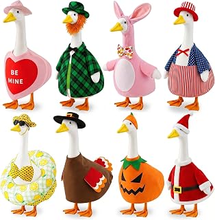 8 Set Holiday Porch Goose Outfits 23 inch All Seasons Goose Clothes for Valentine St. Patrick Easter Summer 4th of July Fall Halloween Christmas, Lawn Porch Gooses Clothing for Patio Yard Decor