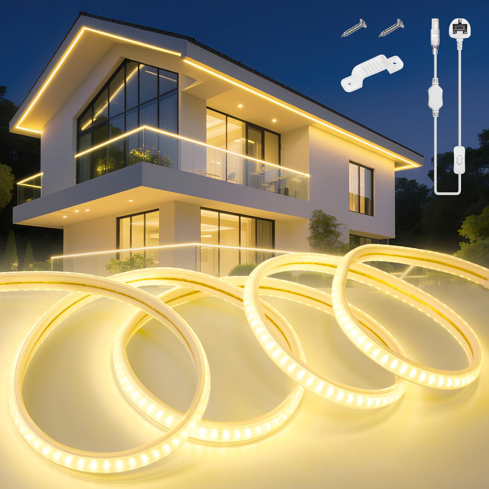 KSIBNW LED Strip Light 20M Waterproof Outdoor Garden, 220V 240V Neon Outside LED