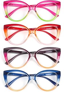 Reading Glasses for Women 4 Pack Blue Light Blocking Filter UV Oversized Cat Eye Stylish Spring Hinge Readers, 4Cat-5, 2.0