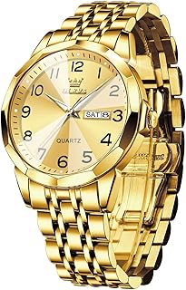 Men's Casual Stainless Steel Watch, Big Face Easy to Read Analog Quartz Watch with Day and Date, Classic Waterproof Diamond Roman Arabic Numerals Dial Dress Watch for Men, Gold Silver Black Band