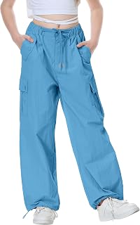 Rolanko Girls Parachute Baggy Cargo Pants Y2K Vintage Jogger Pants with Adjustable Elastic Waist for Kids