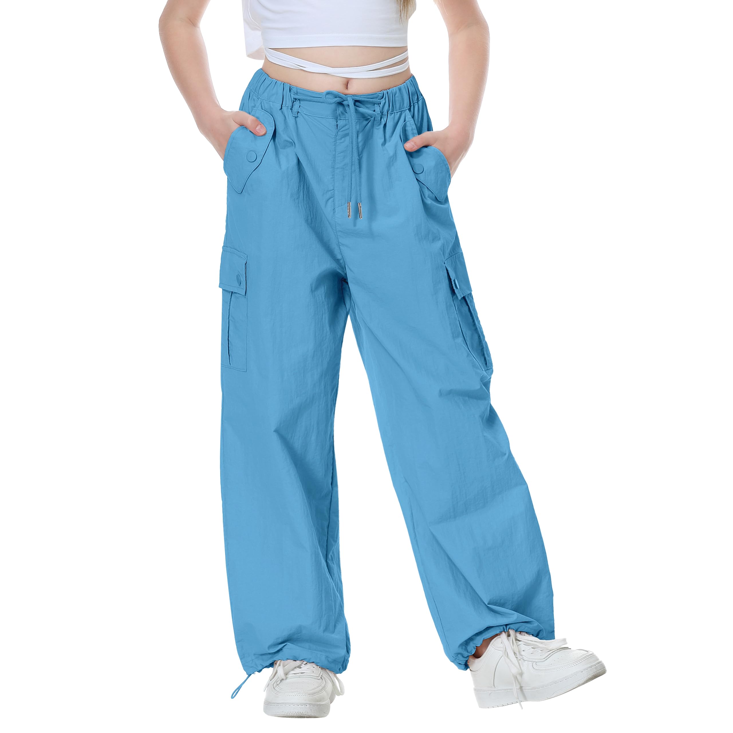 Rolanko Girls Parachute Baggy Cargo Pants Y2K Vintage Jogger Pants with Adjustab