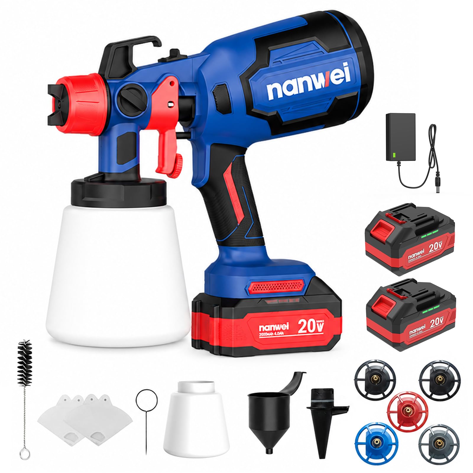 NANWEI Spray Gun with 2 x 4.0Ah Batteries, 2 x 27.8 fl oz (800 ml) Paint Tanks, 