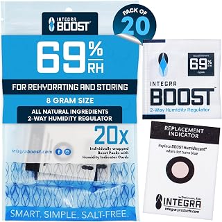 Integra Boost 69% RH, 2 Way Humidity Control Packs – 8g Size for Storing 1 oz – Pack of 20 | Moisture Absorbers for Small Jars & Containers – Humidifier Packets for Pantry Goods, Herbs, Spices