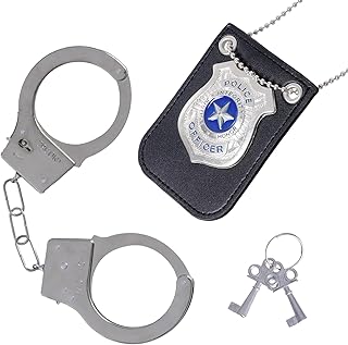 Hmxpls Police Costume Accessories - Police Badge Fake Handcuffs with Keys Set, Detective Cop Spy Costume Accessories