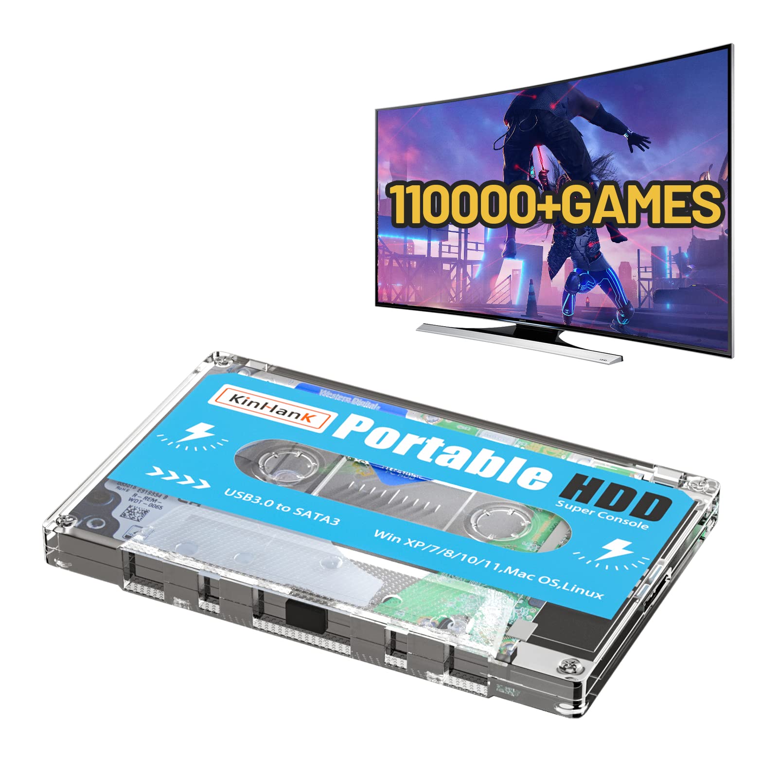 Kinhank 500G HDD Portable Game Drive Built-in 110,000+ Games, Batocera 33 Game S