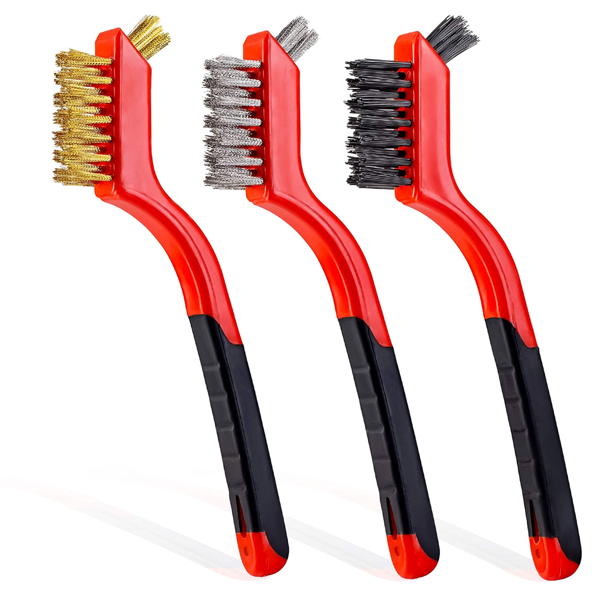 Wire Brush Set 3PCS - Nylon/Brass/Stainless Steel Bristles with Curved Handle Gr