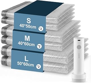 Vacuum Clothes Storage Bags 6 Pieces with Wireless Electric Pump 2*S(40x50cm)+2*M(40x60cm)+2*L(50x60cm), Carehabi Travel Clothes Storage Bags, USB-C Charging for Suitcases and Wardrobe