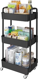 3 Tier Rolling Cart with Wheels, Utility Storage Carts,Black | Mobile Storage Carts with Classified Stickers，Easy to Assemble， for Bathroom,Laundry, kitchen,Dorm,Snack,Baby Essentials