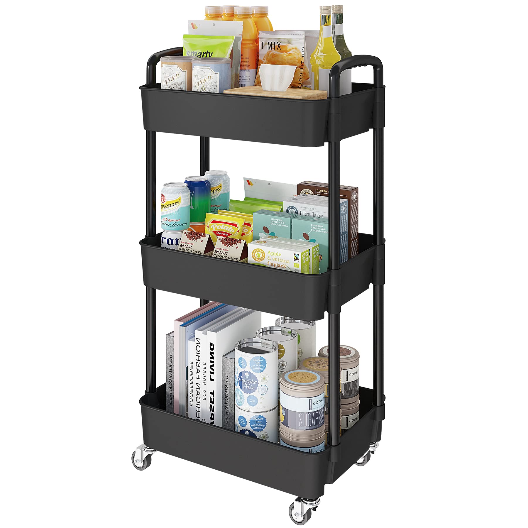 3 Tier Rolling Cart with Wheels, Utility Storage Carts,Black | Mobile Storage Ca