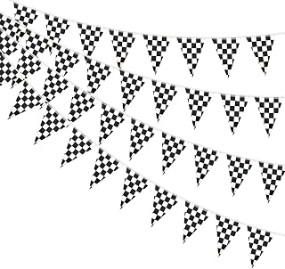 AhfuLife 30 Pcs Checkered String Pennant Flags, Small Black and White Pennant Racing Flag Buntings for Car Race Racing Party Car Garden Street Decorations (5.5×8.3 Inch -33 Ft)