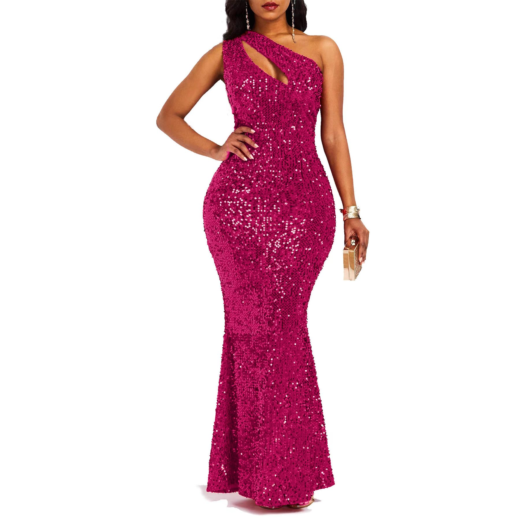 VERWIN Sequins Fashion Sleeveless Oblique Collar Mermaid Women's Maxi Dress Body