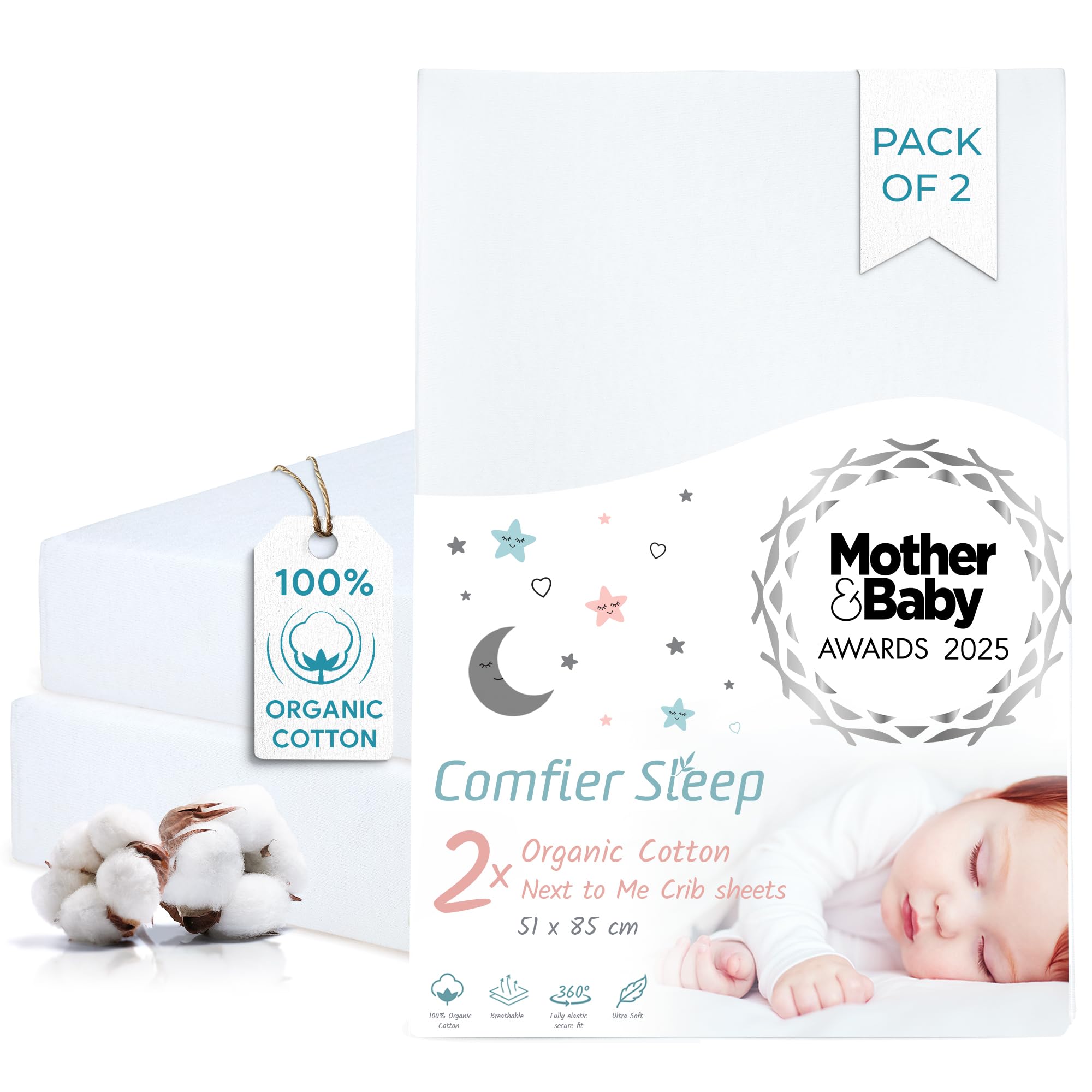 Next To Me Crib Sheets 51x85cm - 2 pcs White- Award Winning 100% Organic