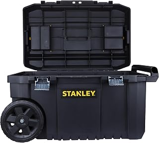 STANLEY Rolling Toolbox Chest with Heavy Duty Metal Latch, 2 Lid Organisers for Small Parts, Portable Tote Tray for Tools, STST1-80150, Black