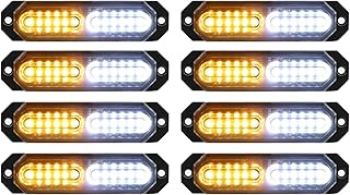 ASPL 8pcs Ultra Slim 12-LED Surface Mount Flashing Strobe Lights | Sync Feature LED Mini Grille Light Head Beacon Hazard Warning Lights for Truck Car Vehicle (Amber/White)