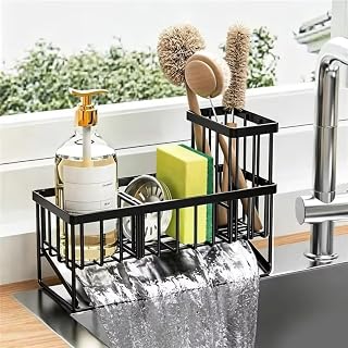 Kitchen Sink Caddy Organizer, High Brush Holder, Sponge Holder for Sink, 304 Rustproof Stainless Steel, Countertop Soap Dispenser Organizer, Decoration and Accessories- Black