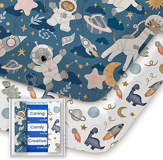 Graco Pack and Play Sheets Fitted, TotBasic Ultra Soft Mini Crib Sheets Boy, Neutral Pack N Play Mattress Sheets Hypoallergenic and Soothing, Premium Jersey Playrad Sheets, 2 Pack (Dino Space)