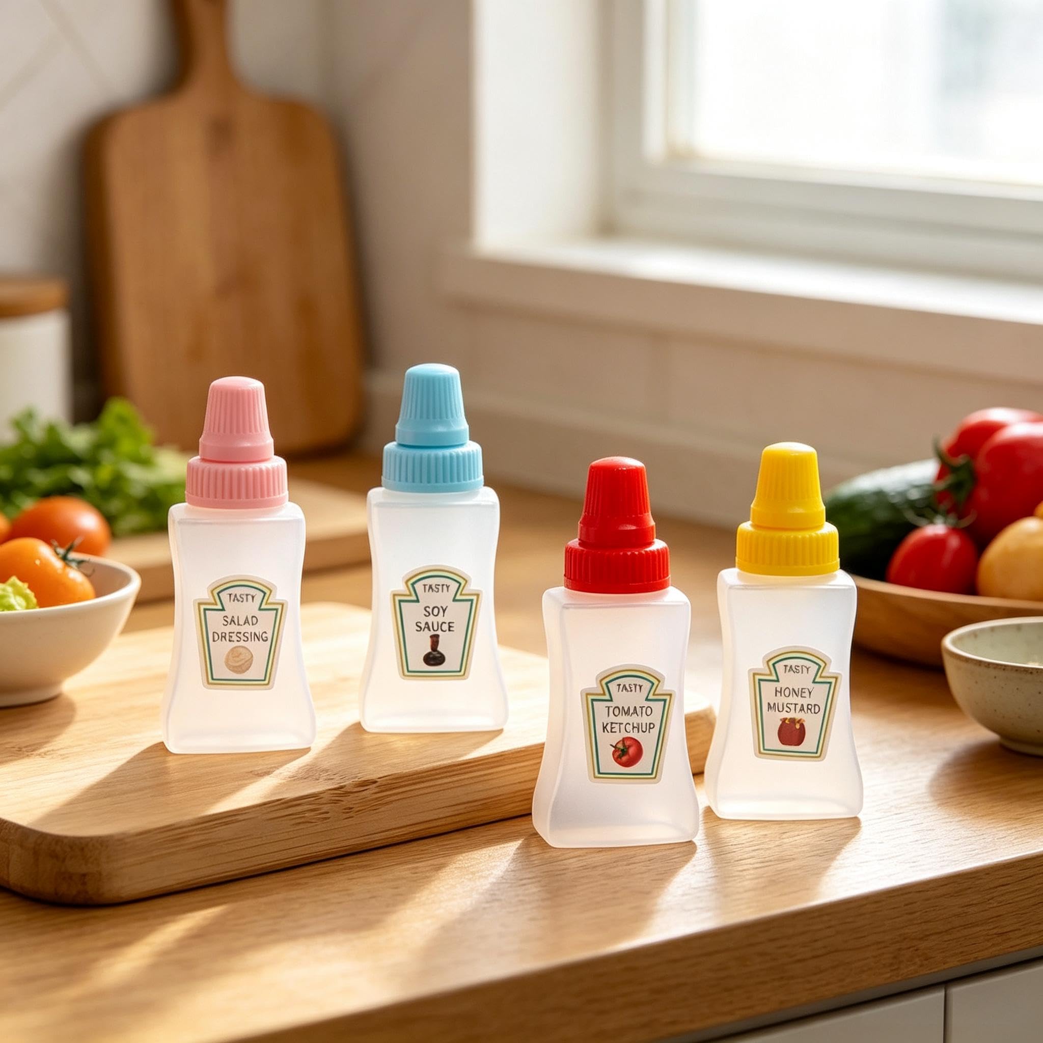 4 Pcs Mini Condiment Bottles, Portable Condiment Bottles for Ketchup, Mustard, S