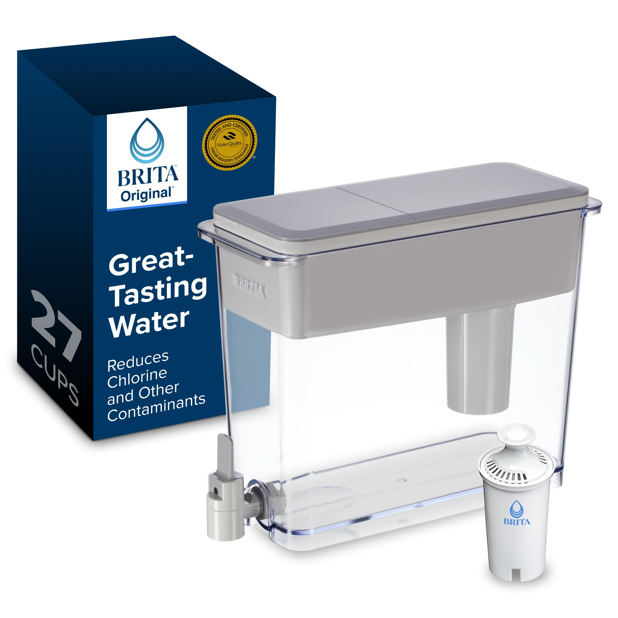 Brita X-Large 27 Cup Water Dispenser, Includes 1 Filter, Gray | WQA and NSF/ANSI