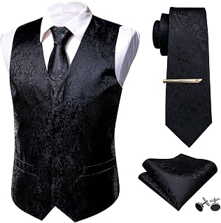 Barry.Wang Mens Formal Waistcoat Set Paisley Print Tie Pocket Square Cufflinks Tie Clip Suit Vest 5 Pieces