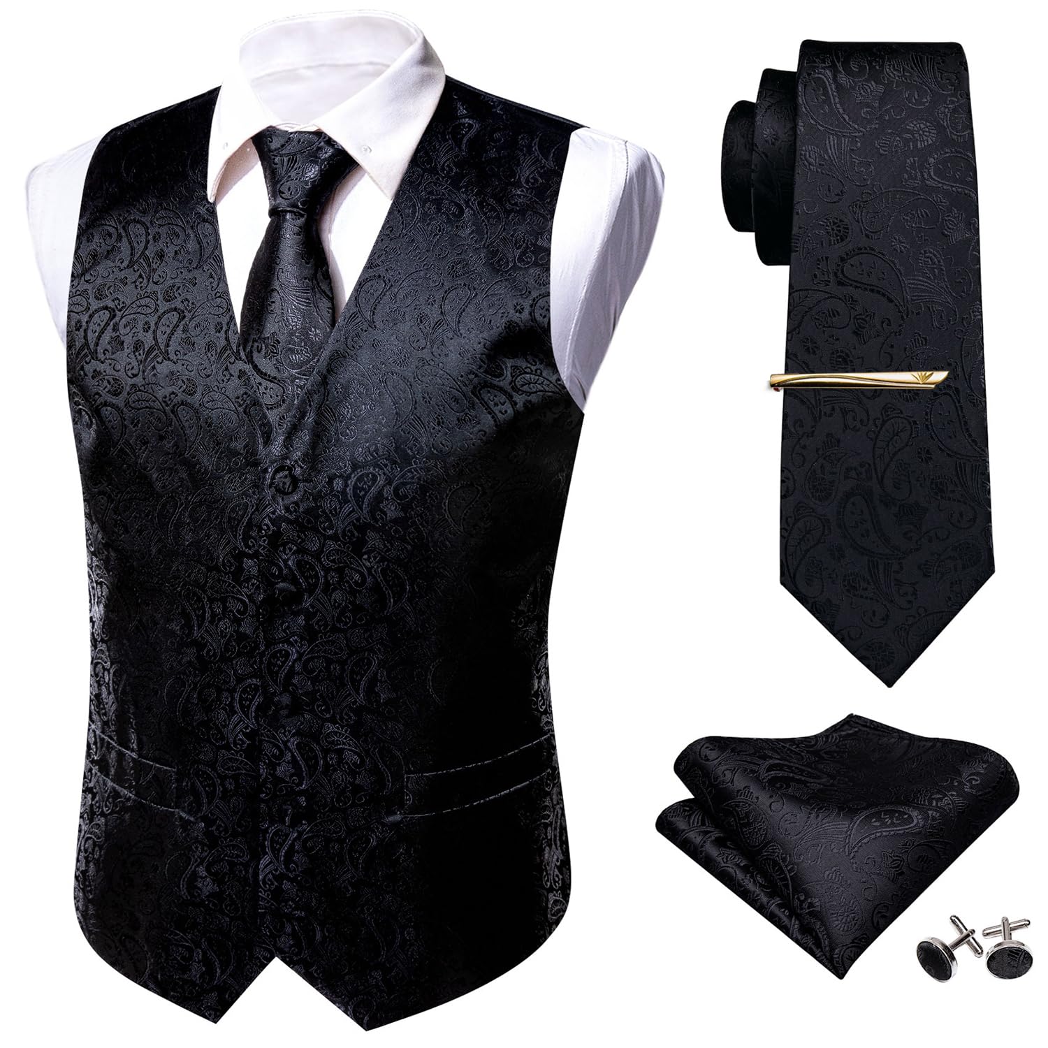 Barry.Wang Mens Formal Waistcoat Set Paisley Print Tie Pocket Square Cufflinks T