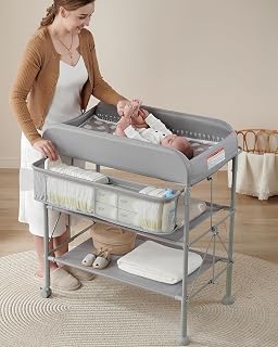 BEKA Diaper Changing Station, Portable Baby Changing Table | 4-Level Height(38.6"~41.6") w/2 Shelves & Organizer, Waterproof Pad, Portable Changing Station for Newborn Baby, Dual Brakes
