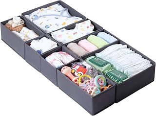 Drawer Organisers, Foldable Drawer Dividers for Clothes, Set of 8 in 3 Sizes, Fabric Wardrobe Storage Organiser, Sort and Store Clothes, Bras,Ties, Scarves, Socks, Grey