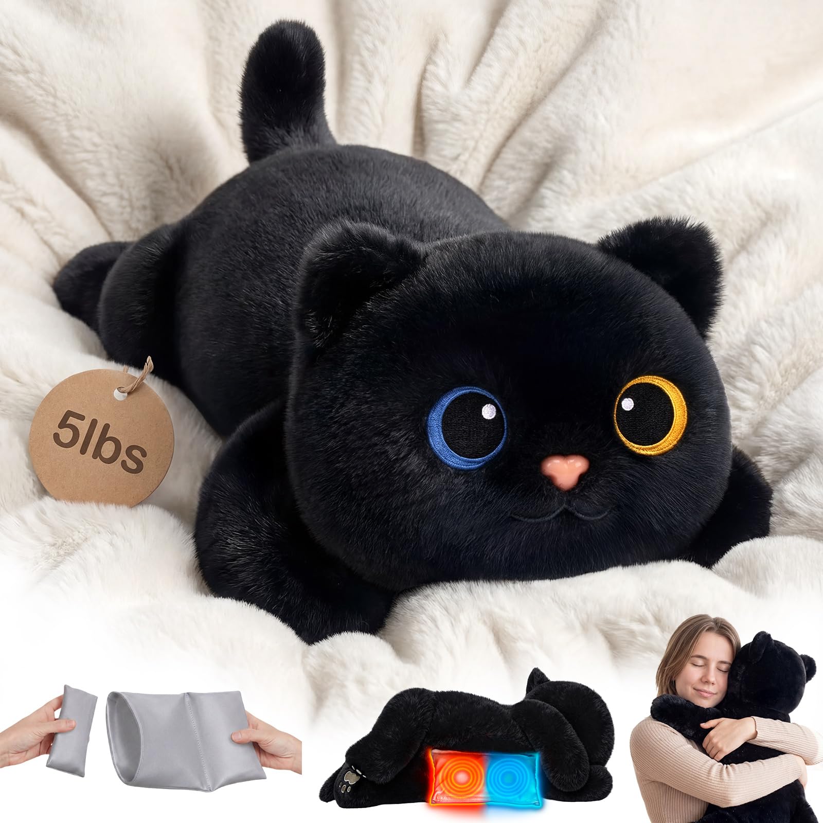 Mewaii Weighted Teddy Black Cat Plush, Heat & Cool, 2.3kg (5lb), 58cm | Adjustab