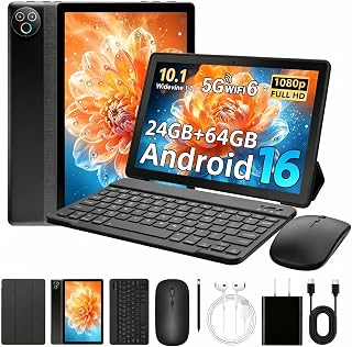 MUISOO Android 16 Tablet, 10 inch Tablet, Android Tablets with Pen Case Keyboard Mouse Earphone, 24GB RAM+64GB ROM (TF 1TB), 6000mAh, WiFi 6, BT5.4, Dual Cameras & Speakers, Black