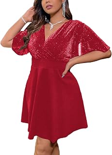 Floerns Women's Plus Size Glitter Wrap V Neck Short Sleeve Party A Line Dress