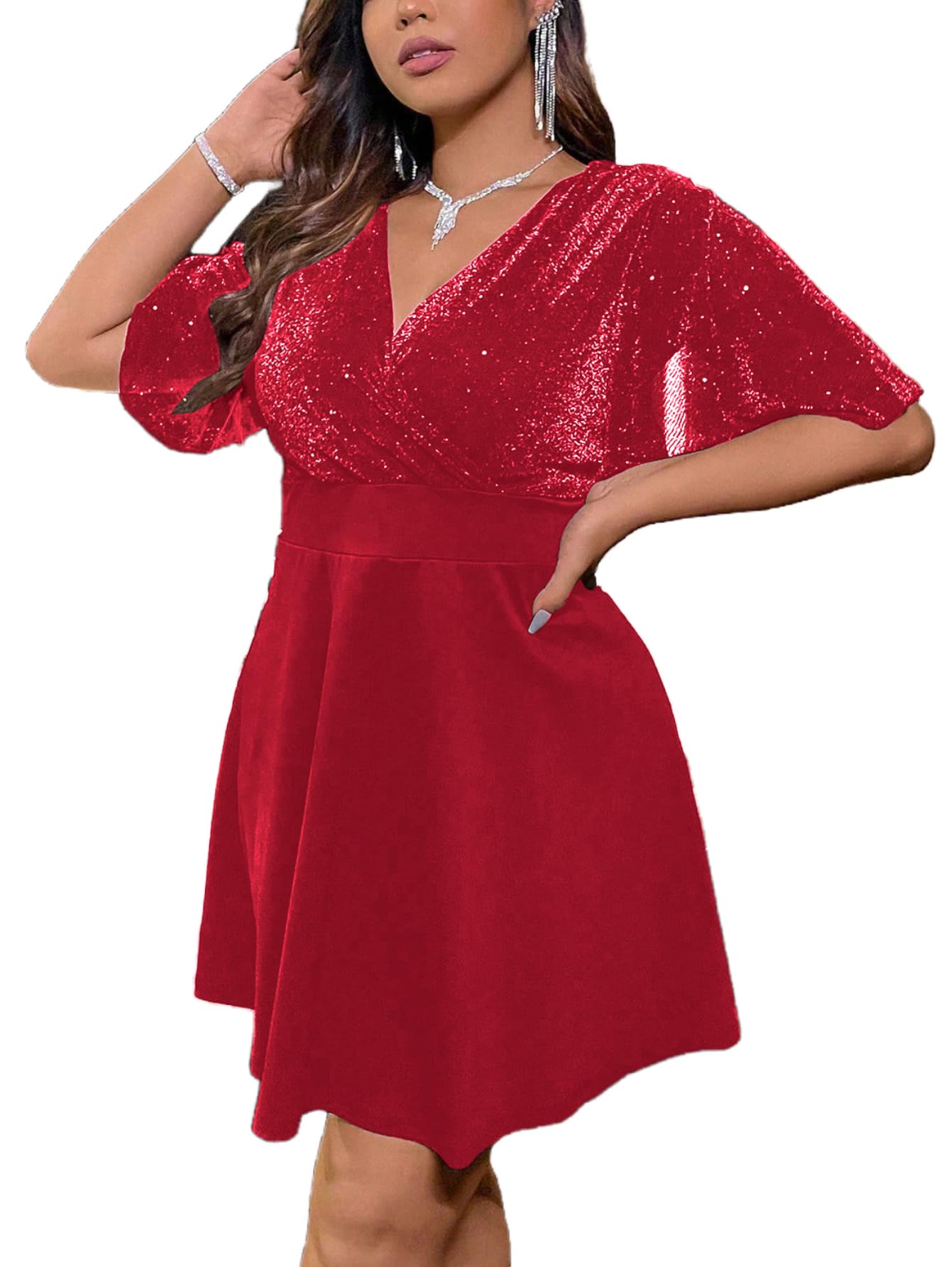 Floerns Women's Plus Size Glitter Wrap V Neck Short Sleeve Party A Line Dress