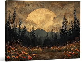 Vintage Moon Forest Wall Art Print - Dark Botanical Landscape Canvas Poster Painting - Landscape Wall Decor for Farmhouse Home Living Room 8x10 Inch Framed