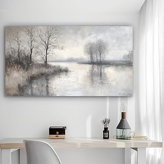 Misty River Trees Rustic Canvas Wall Art - Unframed Poster 12x24 Inch - Home Office Decor for Living Room Bedroom Kitchen Coffee