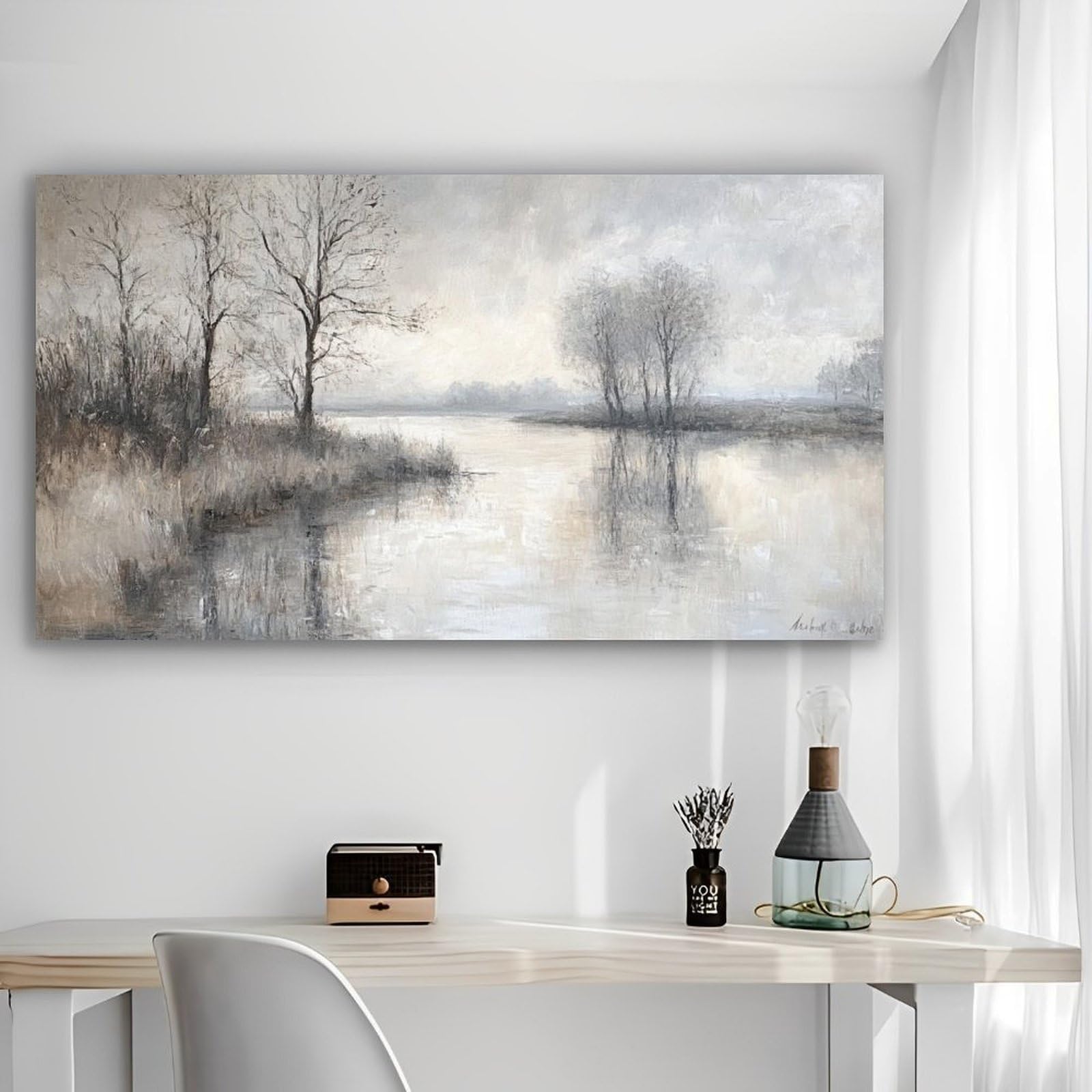 Misty River Trees Rustic Canvas Wall Art - Unframed Poster 12x24 Inch - Home Off