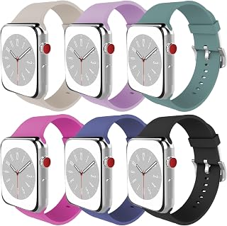 Compatible with Apple Watch Band 38mm 40mm 41mm 42mm 44mm 45mm 49mm Women Men Soft Silicone Sport Strap Replacement Wristbands with Classic Clasp for iWatch Series 8 7 6 5 4 3 2 1 SE 6Pack