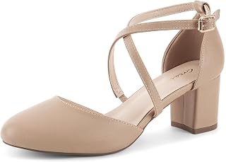 Greatonu Women's Ankle Strap Pumps Block Heel Cross Straps Closed Toe Wedding Party Pumps